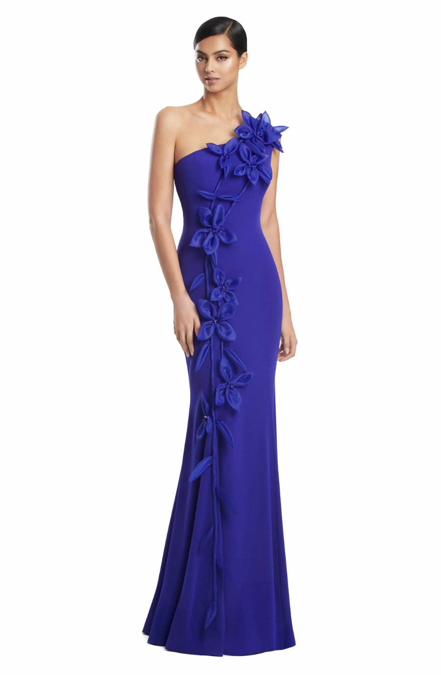 model is wearing a blue one shoulder mothers dress