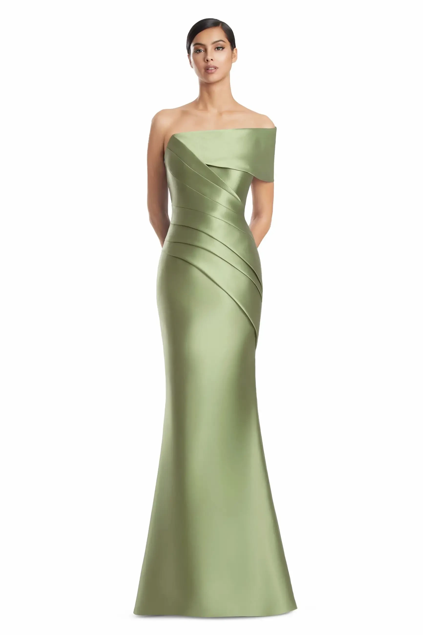 model is wearing a one shoulder green mothers dress