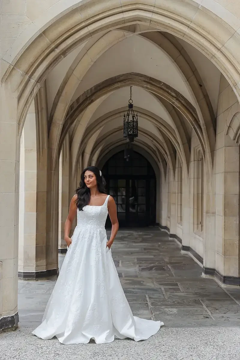 model is wearing a sleeveless a-line bridal gown