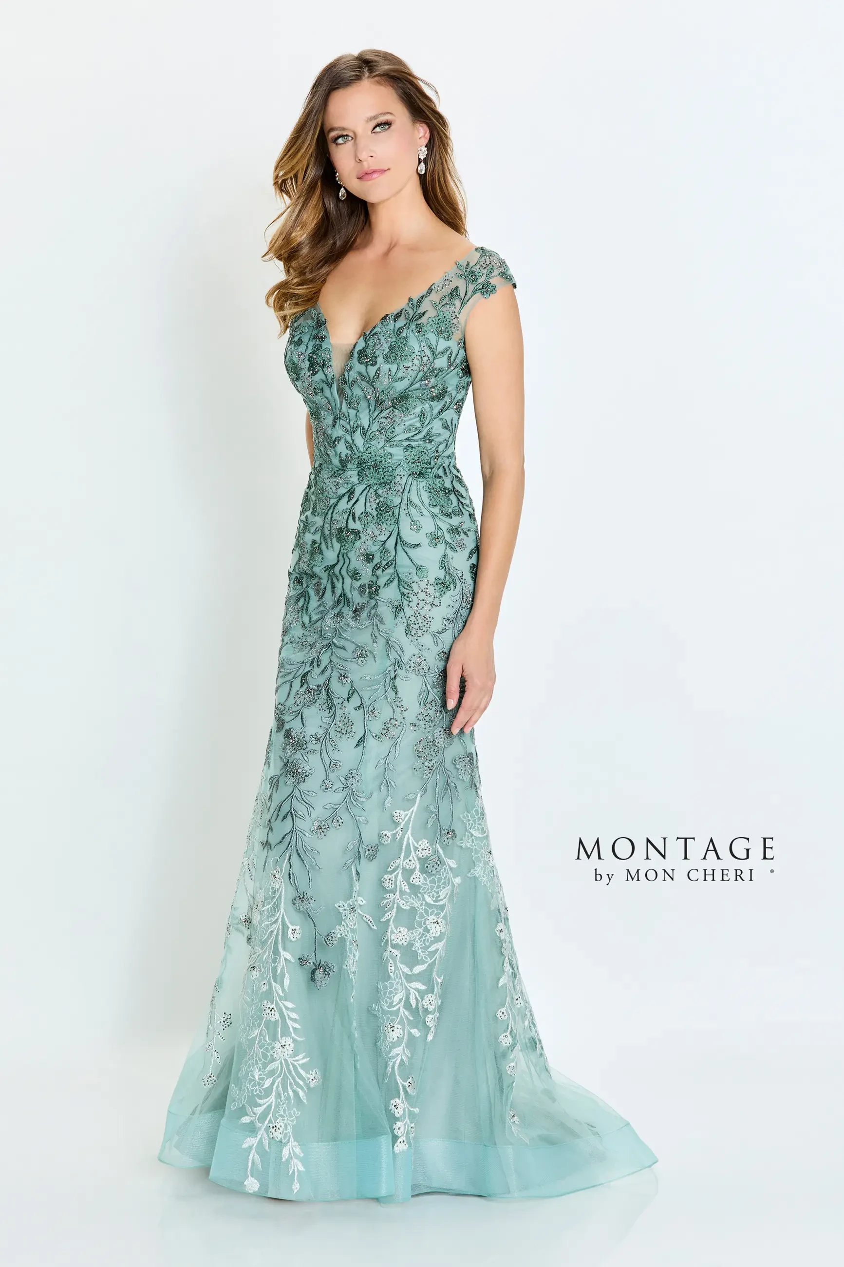 model is wearing a blue multicolored mothers dress