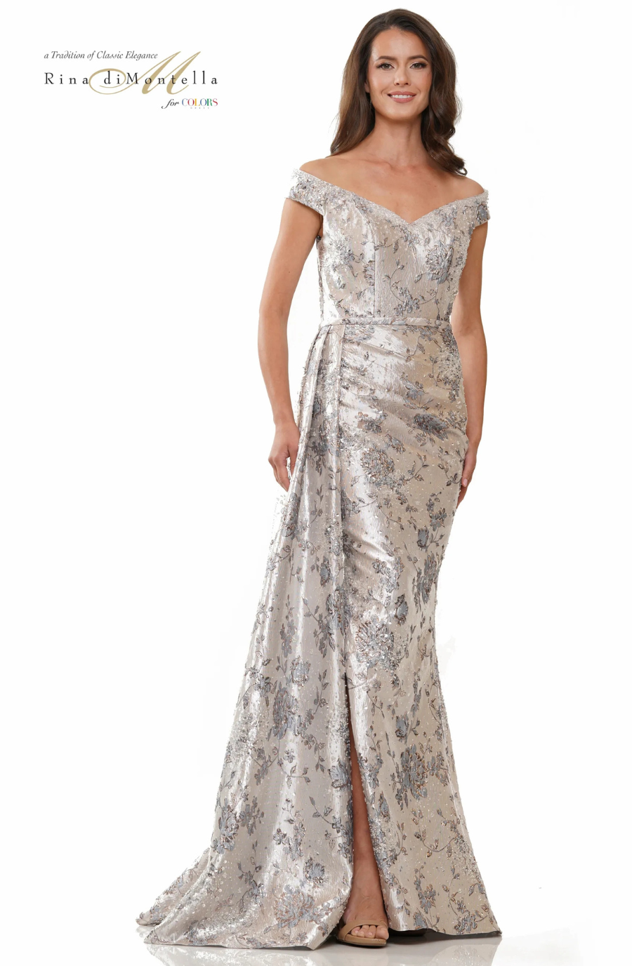 model is wearing a multicolored metallic mothers dress