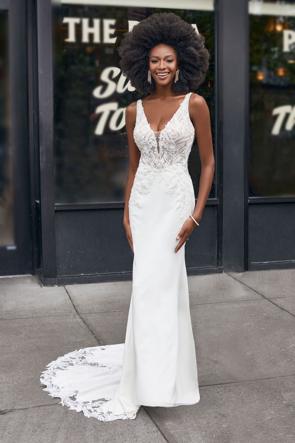 Long Sleeve Off The Shoulder Sheath Wedding Dress With Sequined Tulle   Kleinfeld Bridal